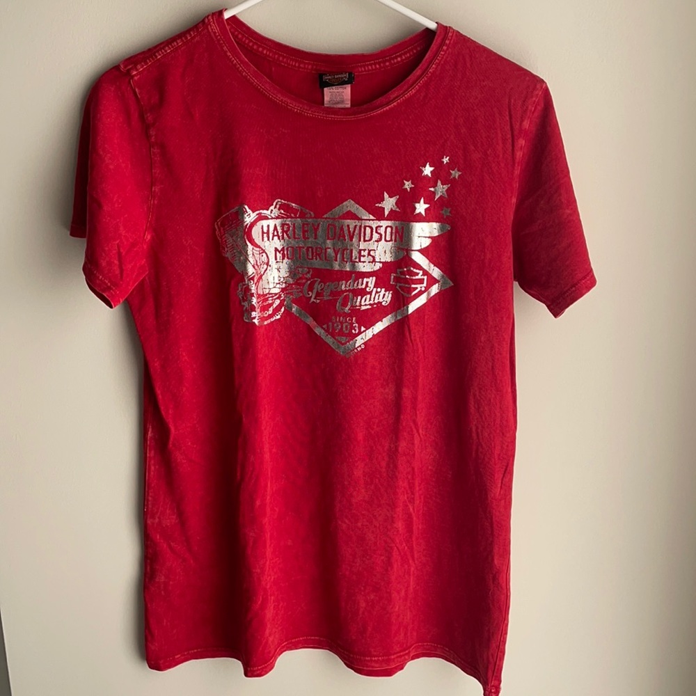 Harley-Davidson Women Red crew neck with Metallic Logo and design- Size Medium